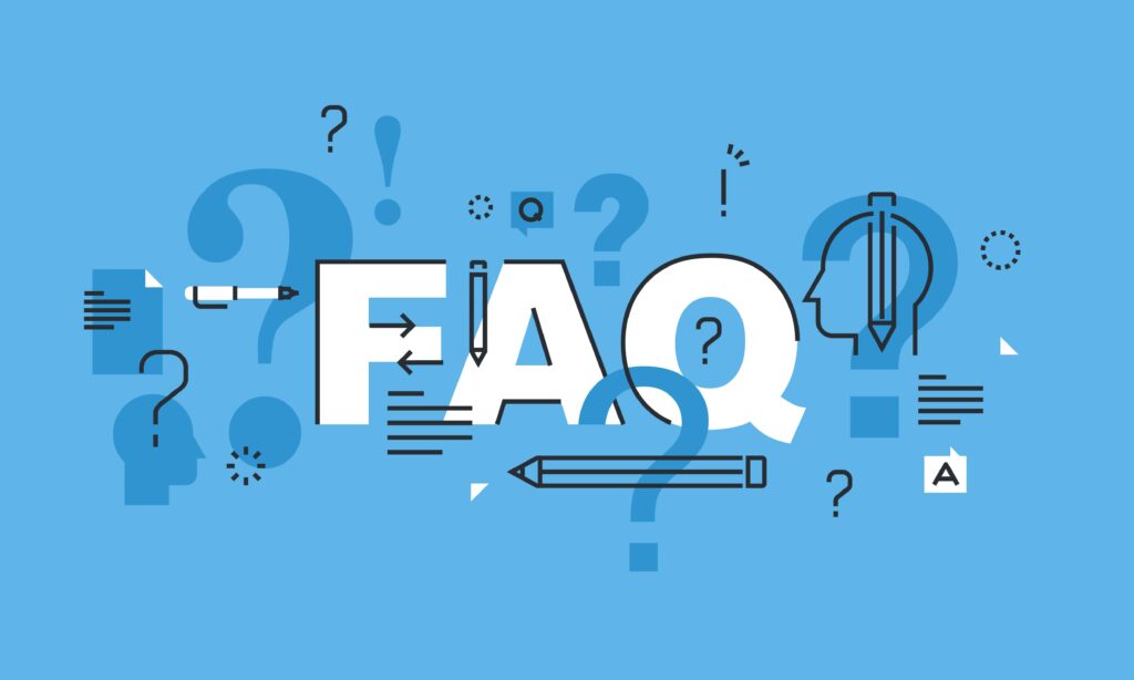 Graphic with FAQ in center, question marks and faces surrounding